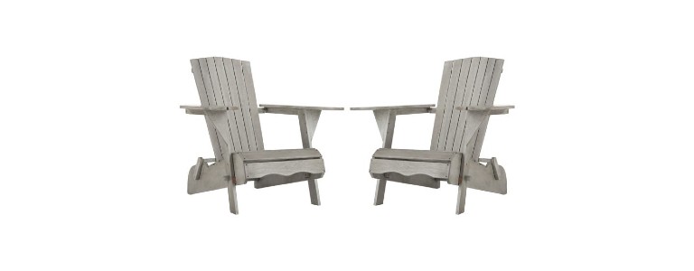 A pair of wood adirondack chairs