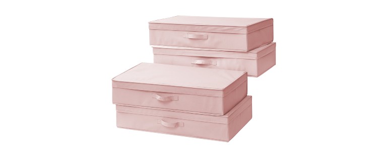 Four pink storage boxes with handles