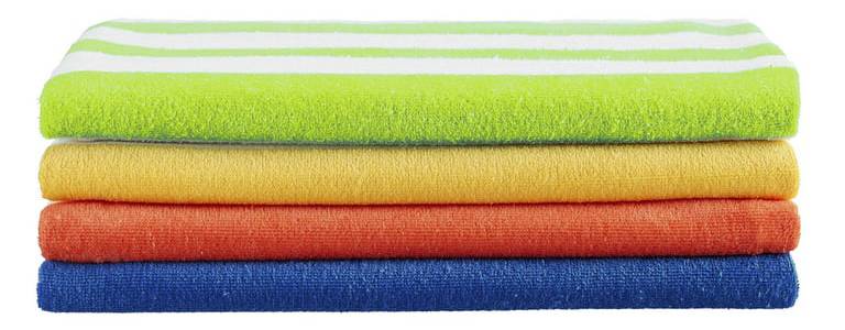 A stack of four colorful, striped beach towels.