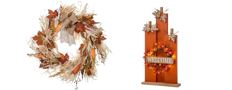 Harvest raffia wreath and fall-lighted porch sign that reads "Welcome"