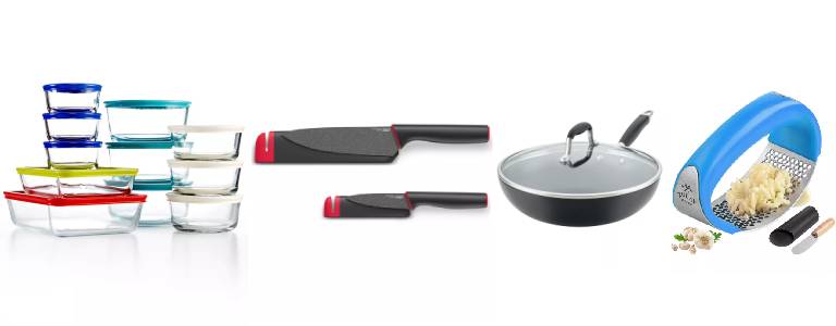 Pyrex 22-piece food storage container set, Joseph Joseph 2-piece Slice & Sharpen knife set, Anolon Advanced Home Hard-Anodized Nonstick Ultimate 12" pan and Zulay Kitchen Stainless Steel Premium Garlic Mincer