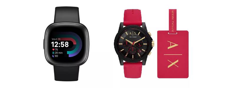 Fitbit Versa 4 Black Graphite Premium Smartwatch and Armani Exchange Outerbanks Chronograph Red Silicone Watch and matching luggage tag