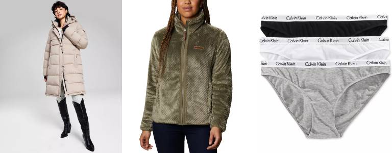 BCBGeneration Hooded Puffer Coat, Columbia Fire Side II High-Pile-Fleece Jacket and Calvin Klein Carousel Cotton 3-Pack Bikini Underwear