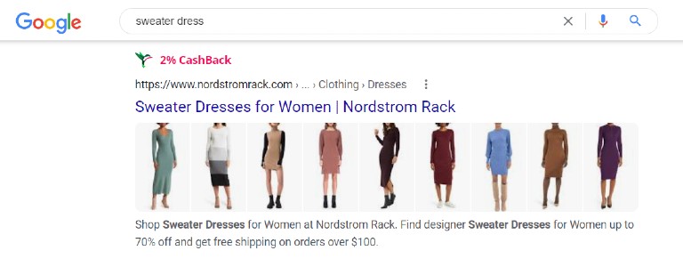 Google search for sweater dress pulls up Nordstrom Rack