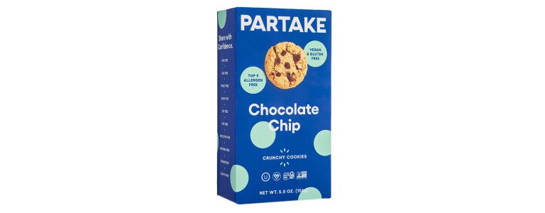A box of Partake chocolate chip cookies, crunchy.