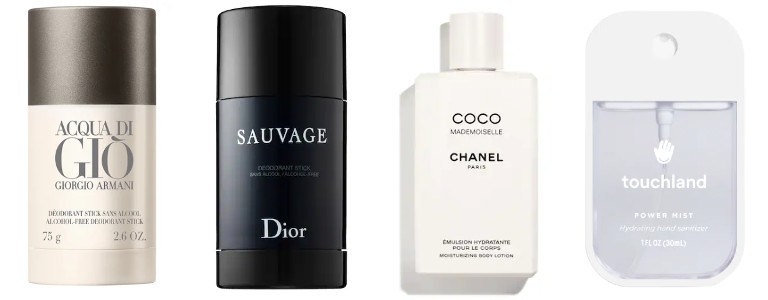 Acqua Di Gio Deodorant by Giorgio Armani, Dior Sauvage Deodorant, Chanel COCO MADEMOISELLE Moisturizing Body Lotion and Touchland Power Mist Hydrating Hand Sanitizer