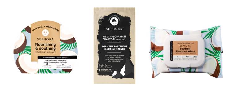Sephora Collection Hydrating Face Mask, Clean Charcoal Nose Strip and Cleansing + Exfoliating Wipes