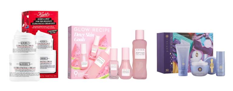 Kiehl's Home & Away for the Holidays Ultra Facial Cream Duo, Glow Recipe Dewy Skin Goals Kit and Tatcha Plumping Dewy Skin Essentials for Dry to Combination Skin